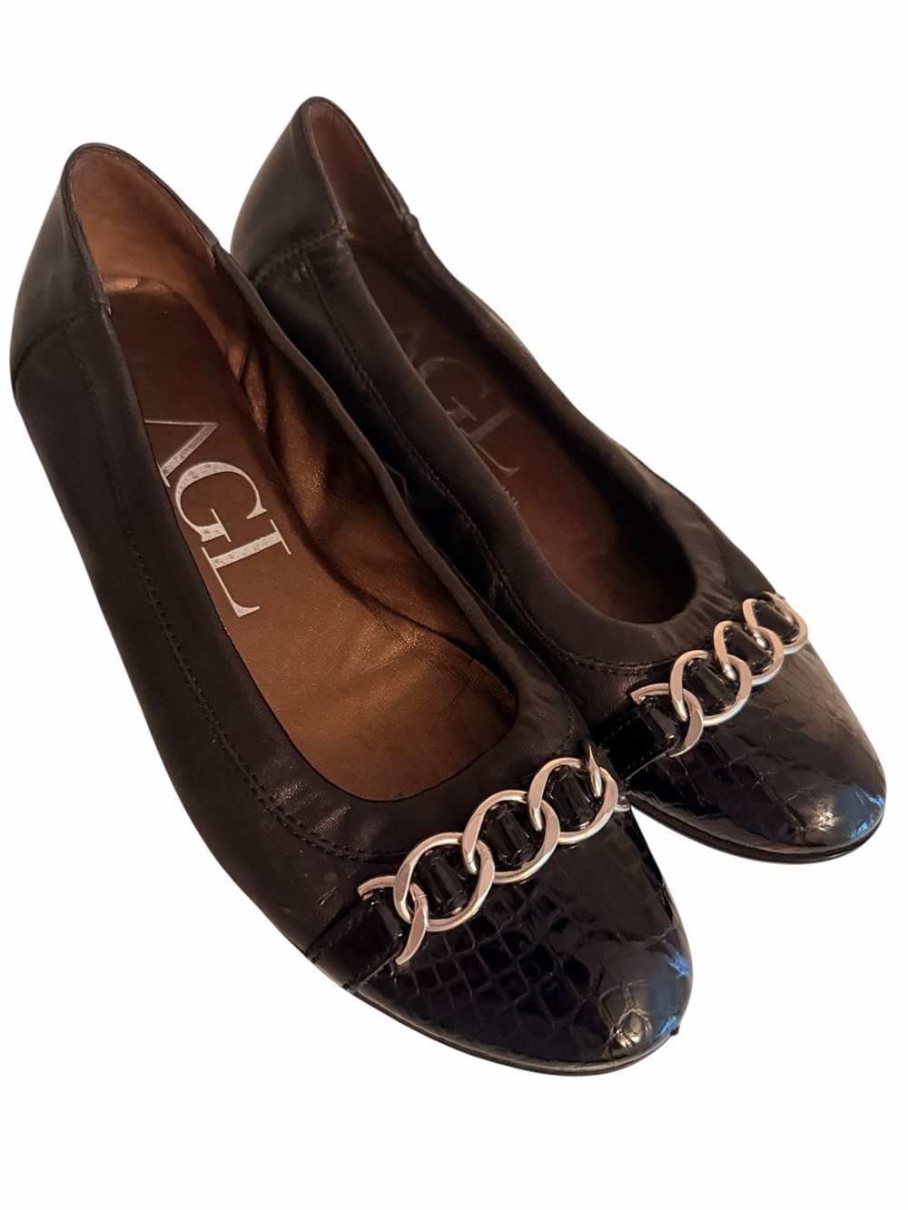 AGL Black Leather Textured Cap Toe Chain-Detail Ballet Flats 36.5